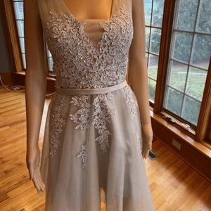 * Baby On Line Gray Lace Knee Length Rehearsal Wedding Gown Bridal Dress Size 16